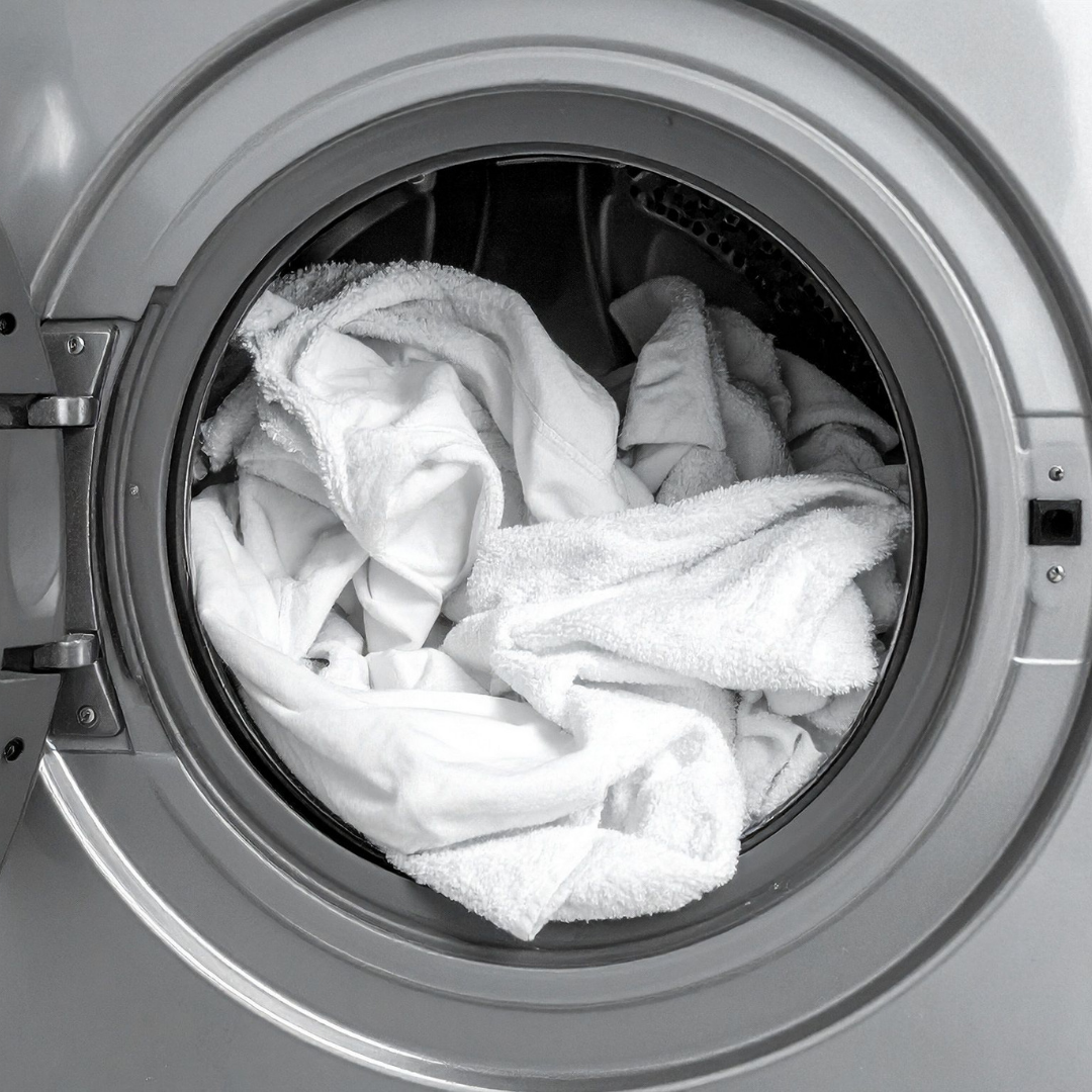 A washing machine with white clothes inside